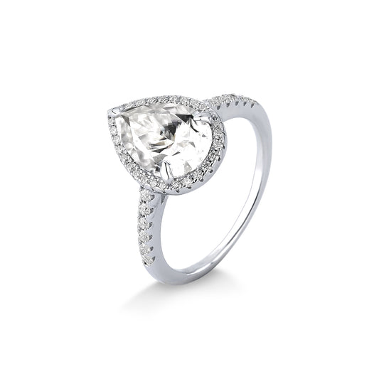 ANEL SOLITÁRIO GOTA CRAVEJADO EM MOISSANITE 4.34CT PRATA COM BANHO EM RÓDIO