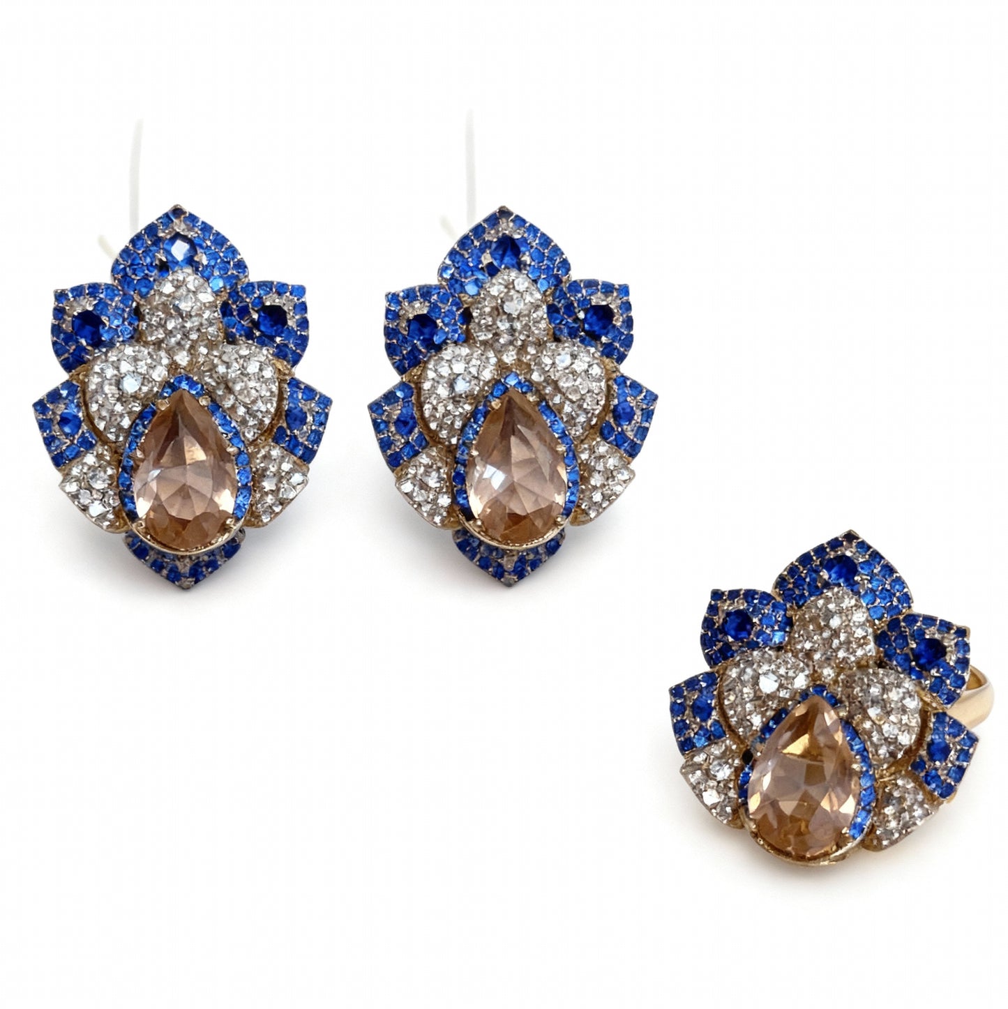 CONJUNTO FLOWER BLUE CRAVEJADO BRINCO E ANEL
