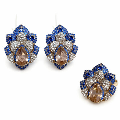 CONJUNTO FLOWER BLUE CRAVEJADO BRINCO E ANEL