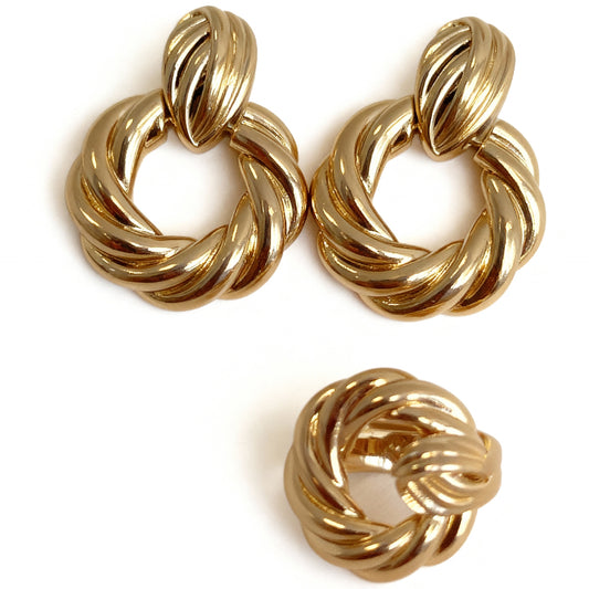 CONJUNTO ENTRELAÇADO BANHO EM OURO 18K - BRINCO E ANEL NÚMERO 17