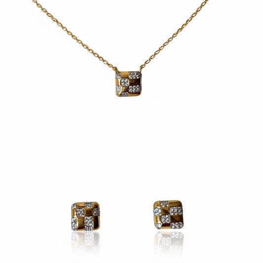 CONJUNTO QUADRANGULAR CRAVEJADO - BRINCO E COLAR