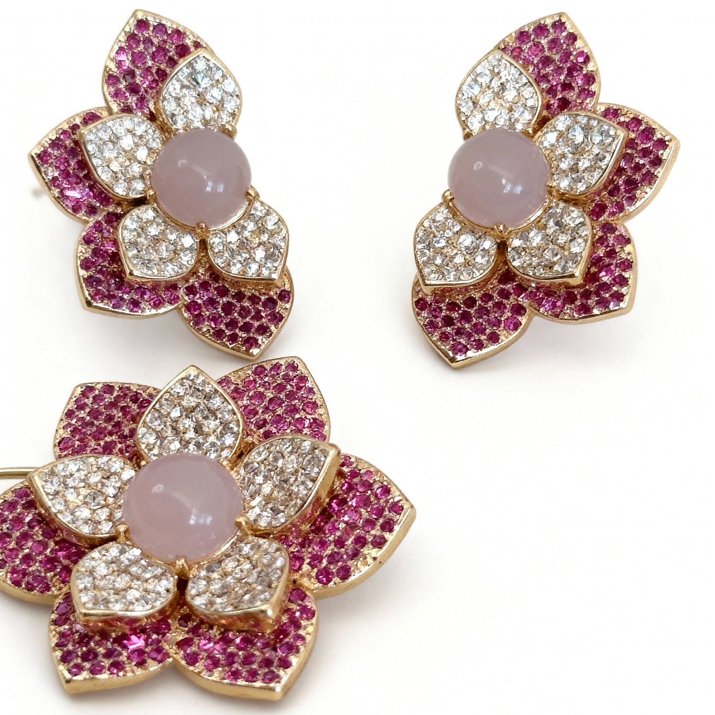 CONJUNTO PINK FLOWER BRINCO E ANEL CRAVEJADO