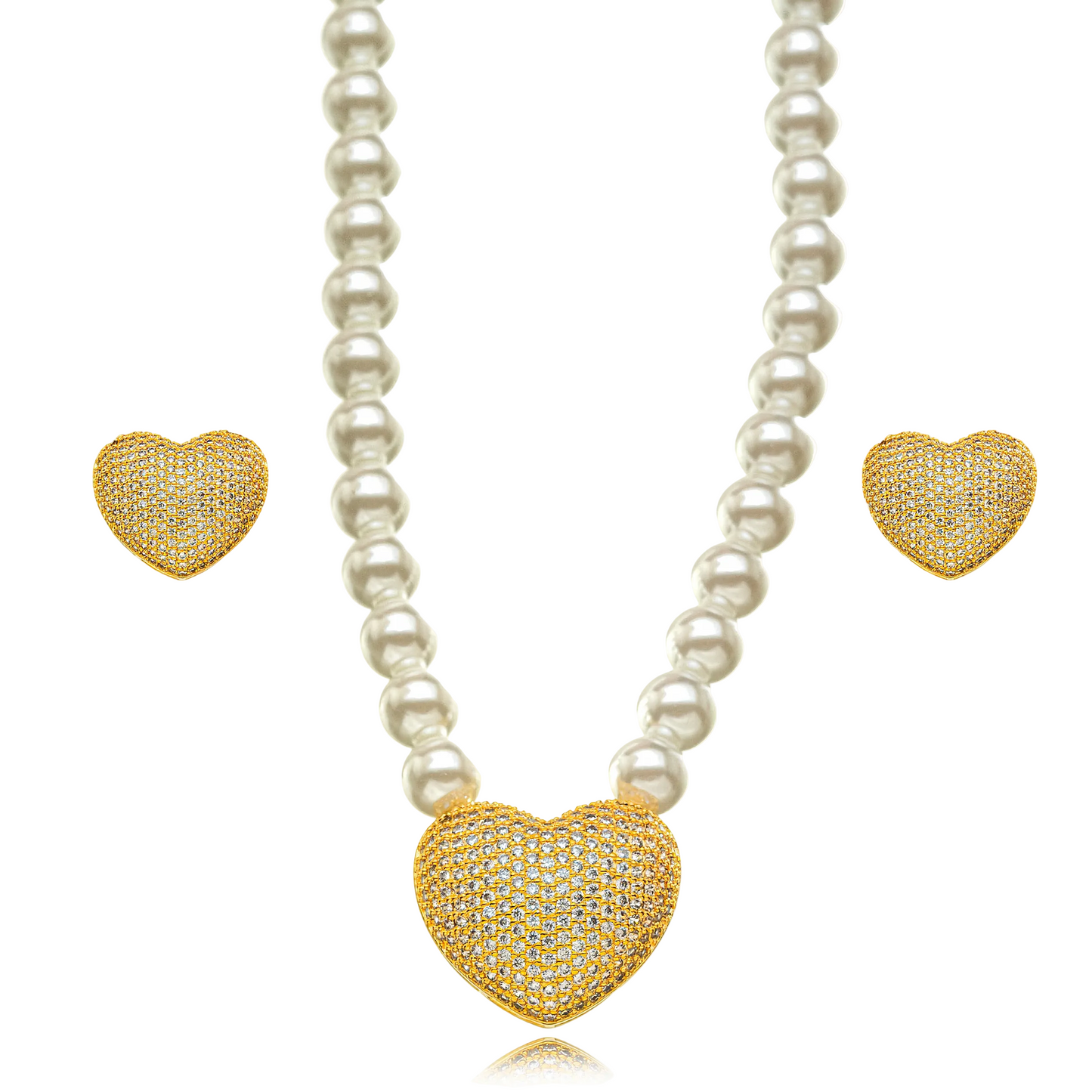CONJUNTO PEROLA PINGENTE CORAÇÃO CRAVEJADO BRINCO E COLAR