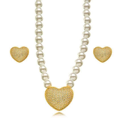 CONJUNTO PEROLA PINGENTE CORAÇÃO CRAVEJADO BRINCO E COLAR