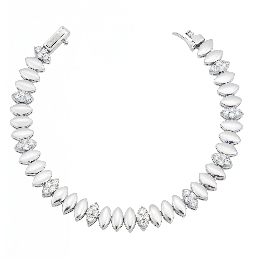 PULSEIRA DE NAVETES LISAS E CRAVEJADAS PRATA 925 - 17CM