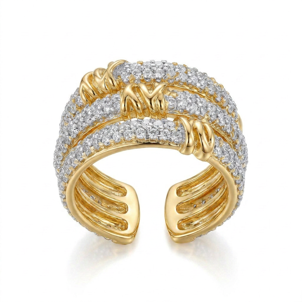 ANEL AJUSTÁVEL ENTRELAÇOS CRAVEJADOS BANHO EM OURO 18K