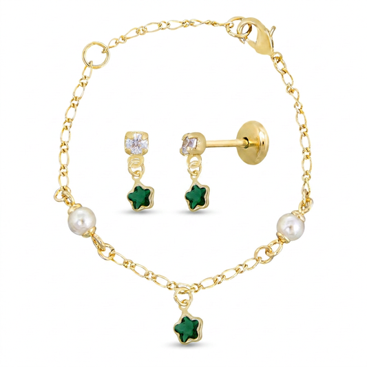 CONJUNTO BRINCO E PULSEIRA BABY ESTRELA ESMERALDA E PONTO DE LUZ BANHO OURO 18K