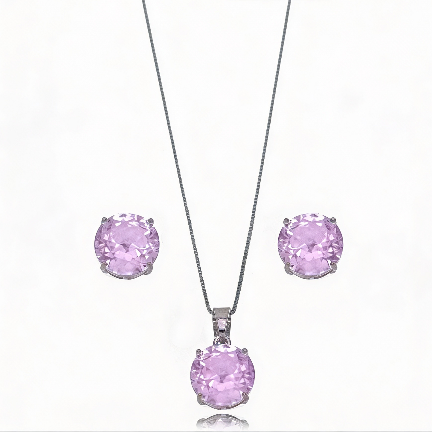 CONJUNTO PONTO DE LUZ LAVANDA EM RÓDIO  BRINCO E COLAR