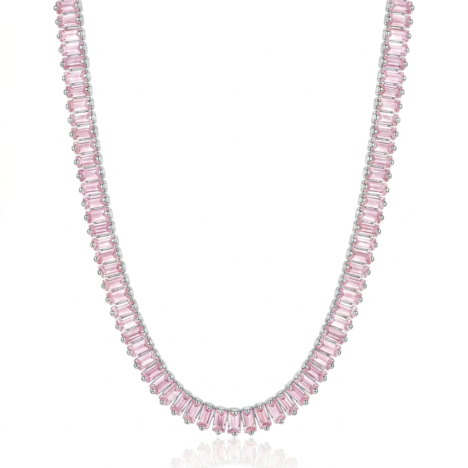 CHOCKER RIVIERA BAGUETADA ZIRCÔNIA ROSA BANHO EM RÓDIO