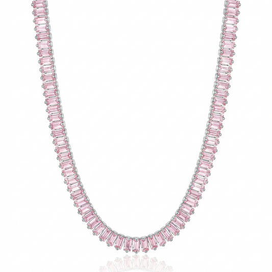 CHOCKER RIVIERA BAGUETADA ZIRCÔNIA ROSA BANHO EM RÓDIO