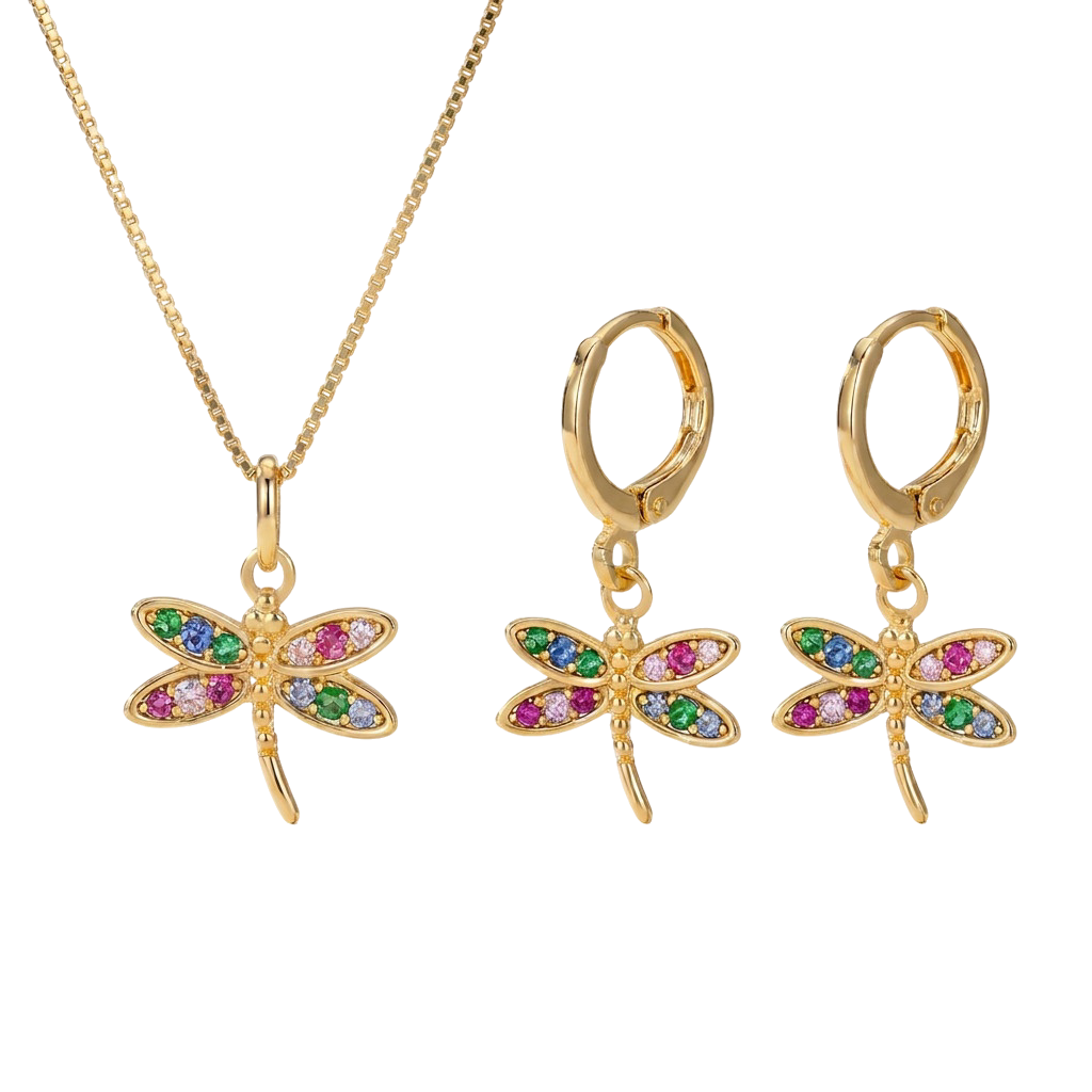 CONJUNTO KIDS LIBÉLULA BRINCO E COLAR BANHO EM OURO 18K