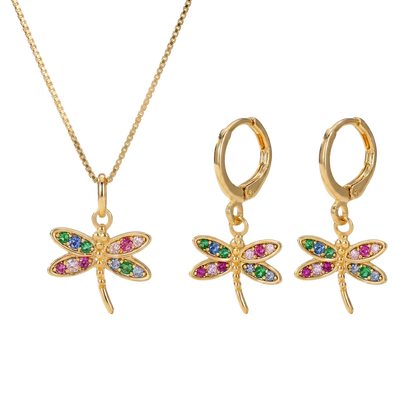 CONJUNTO KIDS LIBÉLULA BRINCO E COLAR BANHO EM OURO 18K