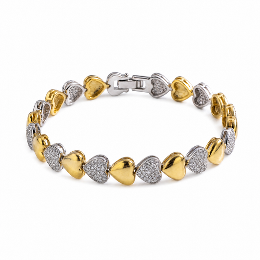 PULSEIRA CORAÇÕES COM DETALHES CRAVEJADOS E MIX DE BANHOS