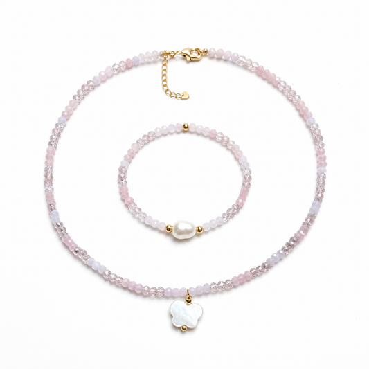 CONJUNTO COLAR E PULSEIRA KIDS CRISTAL ROSA COM PINGENTE BUTTERFLY MADRE PÉROLA