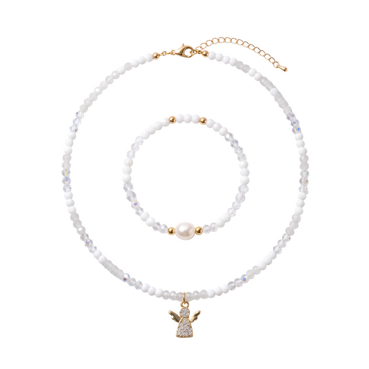 CONJUNTO KIDS COLAR E PULSEIRA CRISTAIS B RANCOS COM PINGENTE ANJO CRAVEJADO