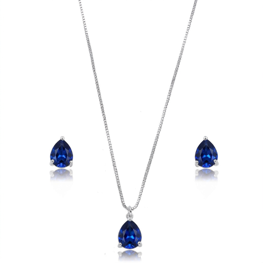 CONJUNTO GOTA SAFIRA EM RÓDIO. BRINCO E COLAR