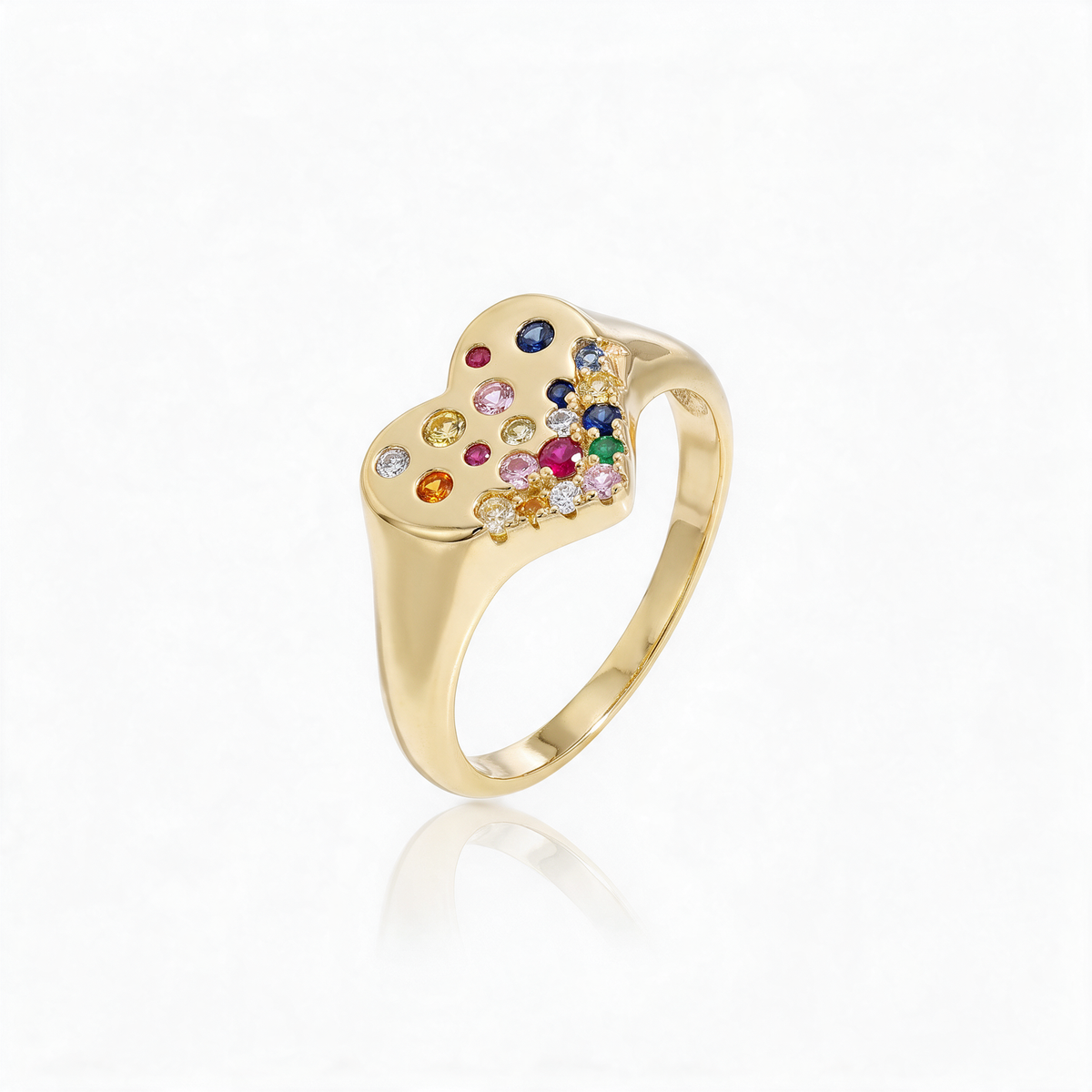 ANEL HEART CRAVEJADO ZIRCÔNIAS COLORIDAS PRATA 925 BANHO EM OURO 18K N15