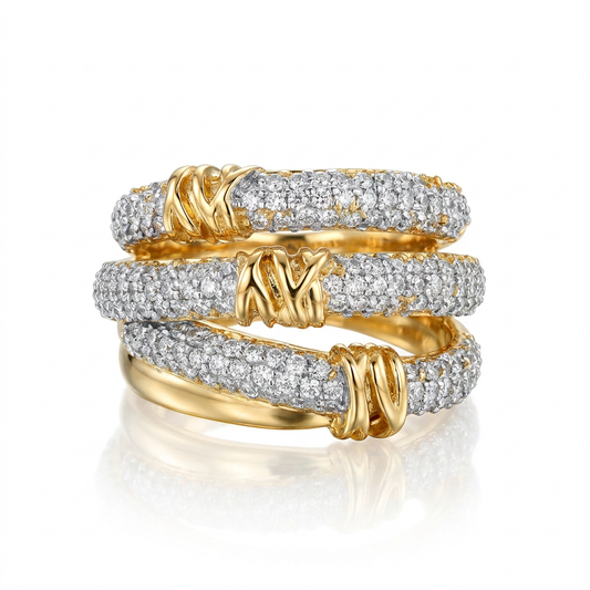 ANEL AJUSTÁVEL ENTRELAÇOS CRAVEJADOS BANHO EM OURO 18K