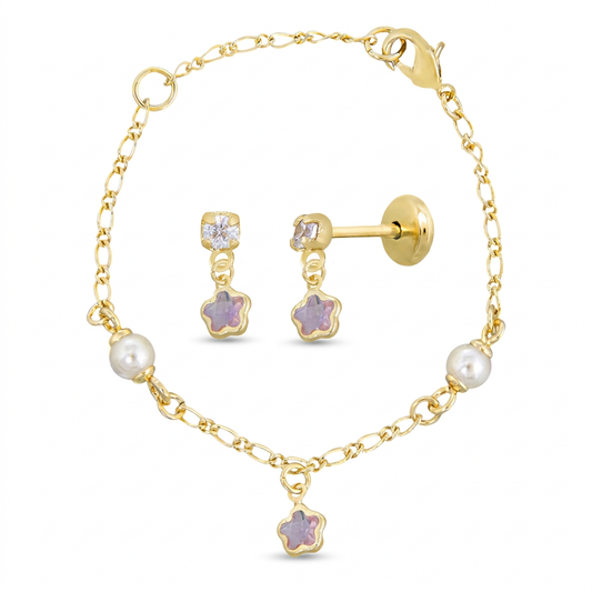 CONJUNTO BRINCO E PULSEIRA BABY ESTRELA PONTO DE LUZ BANHO EM OURO 18K