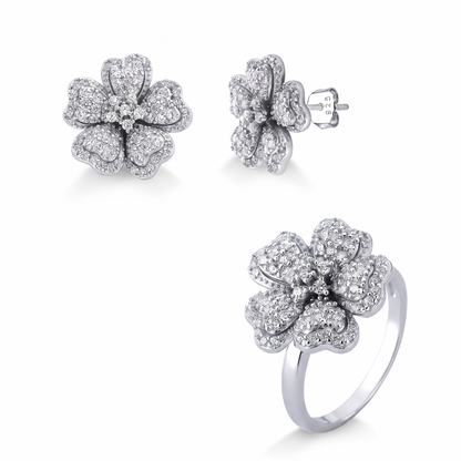 CONJUNTO FLOWER CRAVEJADO - BRINCO E ANEL (NÚMERO 17) - PRATA 925 BANHO EM RÓDIO
