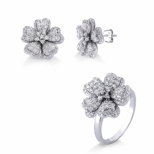 CONJUNTO FLOWER CRAVEJADO - BRINCO E ANEL (NÚMERO 17) - PRATA 925 BANHO EM RÓDIO