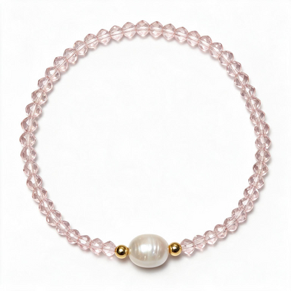 PULSEIRA CRISTAL ROSA TRANSLUCIDO E PÉROLA