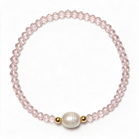 PULSEIRA CRISTAL ROSA TRANSLUCIDO E PÉROLA