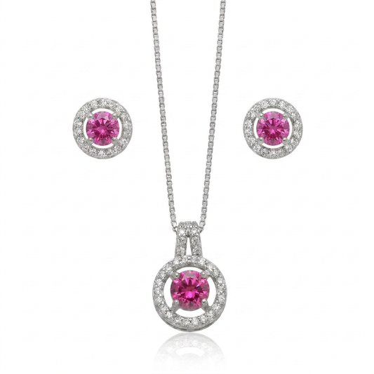 CONJUNTO CIRCULO PINK CRAVEJADO MICRO ZIRCÔNIA EM RÓDIO