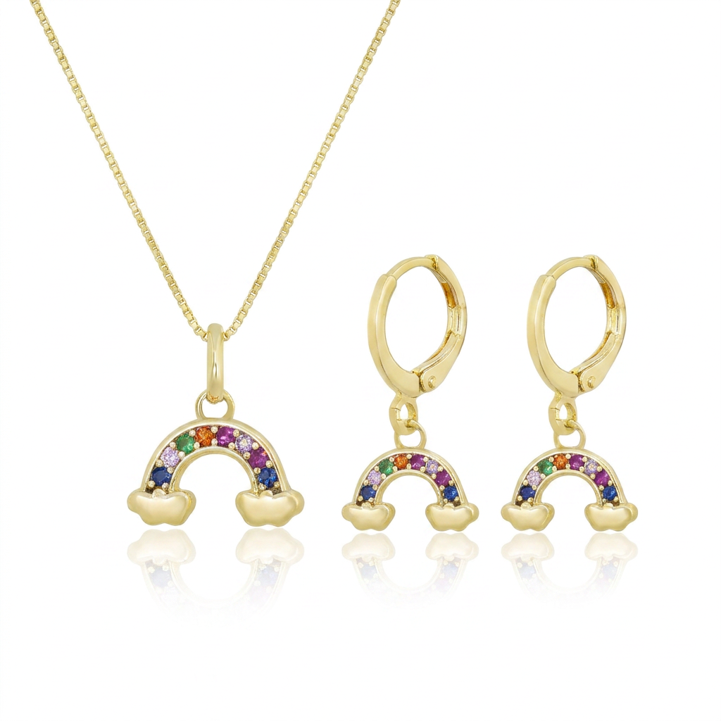 CONJUNTO KIDS ARCO-ÍRIS BRINCO E COLAR BANHO EM OURO 18K