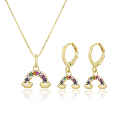 CONJUNTO KIDS ARCO-ÍRIS BRINCO E COLAR BANHO EM OURO 18K